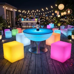 40cm Rechargeable Waterproof LED Lighting Cube Chair Table Set for Outdoor Hotel Use 5W Plastic Bar Furniture