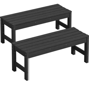 47 Inch Outdoor Backless HDPE Patio Bench with Wood Grain Texture Curved Seat All Weather Black