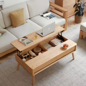 47″ Natural Wood Solid Oak Lift Top Coffee Table Rectangular Center Table with Hidden Storage for Living Room Office