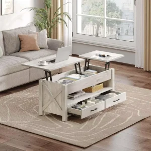 48″ Adjustable Height Coffee Table 2 Storage Drawers Hidden Compartment Antique Retro Wooden Panel Top Living Room Furniture