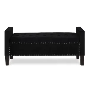 48″ Black Velvet Tufted Storage Bench with Nailhead Trim Padded Armrest Bed Bench for Entryway Bedroom Living Room