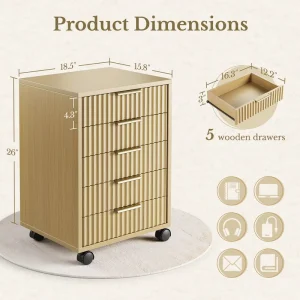 5 Drawer Chest Under Desk Storage Wood Drawers with Wheels Fluted File Cabinet for Home Office Light Walnut