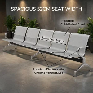 5 Person Beam Chair Cold Rolled Steel Perforated Panel Chrome Leg Hospital Clinic Waiting Room Public Seating Bulk Order