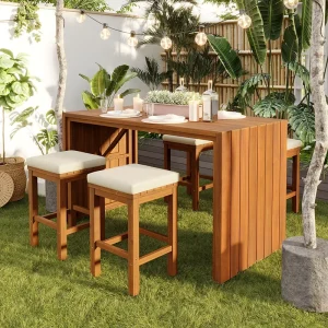 5 Piece Outdoor Bar Set Acacia Wood Patio Bar Height Table with 4 Stools and Beige Cushions for Backyard Poolside Balcony