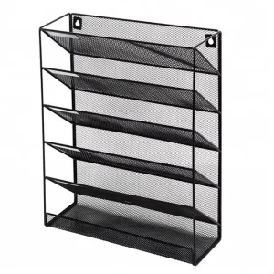 5 Pocket Eco Friendly Lightweight Metal Mesh Powder Coated Black Wall Mounted Modern Office Storage Rack Organizer Magazine