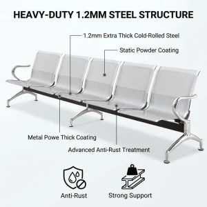 5 Seater Cold Rolled Steel Waiting Chair Chrome Perforated Seat Hospital Airport Clinic Beam Chair Public Seating