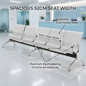 5 Seater Public Bench Chair Cold Rolled Steel Chrome Perforated Seat Curved Armrest Hospital Airport Waiting Area