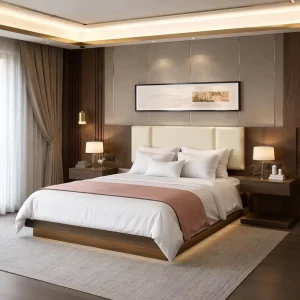 5 Star Hotel Bedroom Set Modern Style Melamine Board Durable Hotel Furniture 5 Year Supply