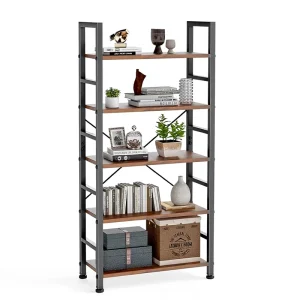 5 Tier Adjustable Durable Classical Modern Tall Bookshelf for Living Room Home Office Storage Organizer CDs Books Movies