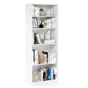 5-Tier Adjustable Shelves Wood Bookshelf with Back for Living Room Bedroom Home Office White