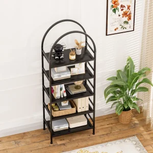 5 Tier Arched Metal Bookshelf with Wood Shelves Modern Design for Home Office Living Room Dining Apartment or Hotel Use