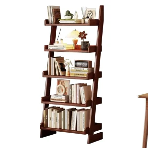 5 Tier Art Deco Ladder Shelf Leaning Bookshelf Pine Frame Tall Bookcase Adjustable Space Saving Anti-Tipping Device Living Room
