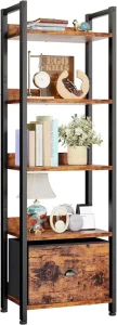 5 Tier Bookshelf with Drawer Tall Narrow Bookcase with Shelves Wood and Metal Bookshelves Storage Industrial