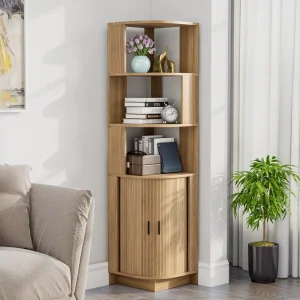 5 Tier Corner Storage Cabinet with Fluted Doors Corner Shelves Bookshelf Stand Display Rack for Bedroom Living Room Kitchen