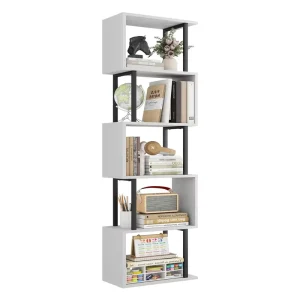 5 Tier Modern Geometric Bookshelf White Black Industrial Open Storage Unit for Living Room Dining Home Office Bedroom