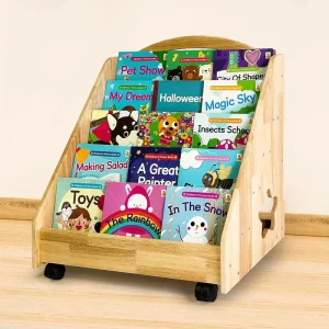 5 Tier Natural Wood Toddler Bookcase Front Facing Bookshelf Handle Wheels Children’s Storage Magazine Rack Chalkboard