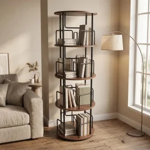 5 Tier Rotating Wood Modern Floating Bookshelf Tower 360 Display Spinning Revolving Narrow Swivel Vertical Turning Spiral Corner
