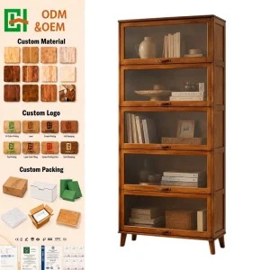 5 Tier Rubberwood Bookshelf with Flip up Glass Doors Modern Wood Display Cabinet for Living Room Office Library