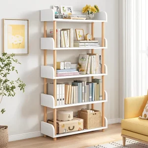 5-Tier Solid Wood Open Bookcase Multifunction Modern Home Office Display Warm White Finish Dimensional Tolerance 2cm
