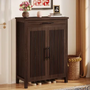 5 Tier Wooden Shoe Cabinet with Louvered Doors and Drawer Freestanding Shoe Storage Organizer for Living Room