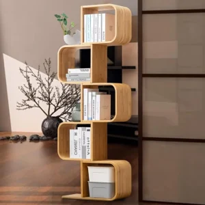 5 tier Free standing Creative Display Curved Rack S shaped Geometric Modern Bamboo Bookshelf