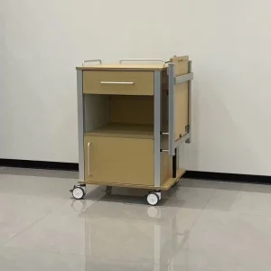 515*483mm MDF Ward Bedside Locker Foldable Height Adjustable Overbed Table Spray Coated Steel Side Plates