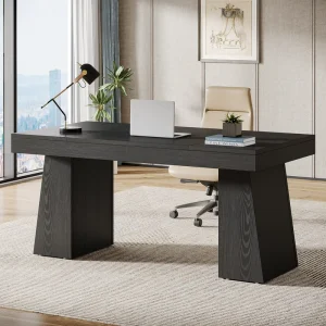 55 Inches Executive Desk Mid Century Modern Home Office Desk with Double Trapezoid Base Business Workstation Desk