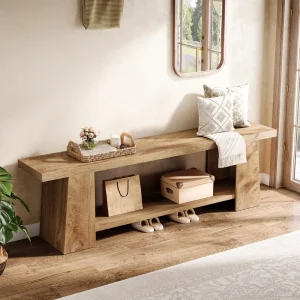 59 Inch MDF Farmhouse Entryway Bench 2 Tier Open Shelves Shoe Storage Portable Bed Seat Bedroom Living Room Hallway Foyer