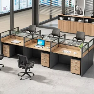 6 Person Office Workstation Desk With Glass Partition Six Seater Staff Computer Table With Storage Cabinet For Medium Size Team