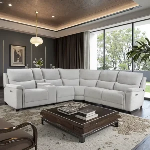 6 Seater Fabric Corner Power Recliner Sofa Set with Middle Console Cup Holder for Hotel and Mall Use
