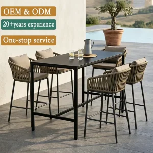 6 Seater Minimalist Outdoor Rope Woven Bar Table and Chairs Aluminum Frame Patio Commercial Garden Dining Table Set