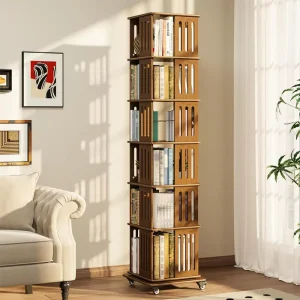 6 Tier 360 Rotating Bamboo Bookshelf with Wheels Mobile Open Storage Display Unit Modern School Home Office