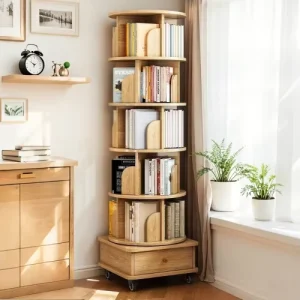 6 Tier 360 Rotating Bookshelf with Drawer and Universal Wheels Space Saving Corner Storage Tower for Bedroom Living Room Office