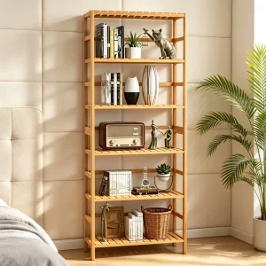 6 Tier Bamboo Storage Shelves Adjustable Bookcase With Multipurpose Display For Bathroom Or Living Room