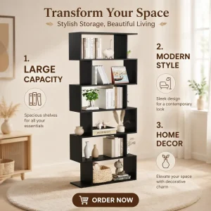 6 Tier Geometric S Shaped Heavy Duty Freestanding Modern Wood Bookshelf for Bedroom and Home Office Black