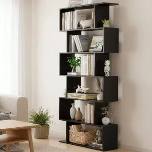 6-Tier Geometric S-Shaped Heavy Duty Freestanding Modern Wood Etagere Bookshelf for Bedroom and Home Office Black