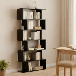 6-Tier Heavy Duty Modern Engineered Wood Etagere Bookshelf Geometric S-Shaped Design Backless Home Furniture