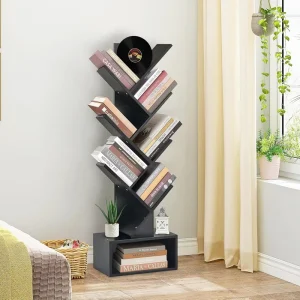 6 Tier Modern Bamboo Bookshelf Tall Narrow Freestanding Storage Cabinet with Adjustable Height Multifunction Bedroom Organizer