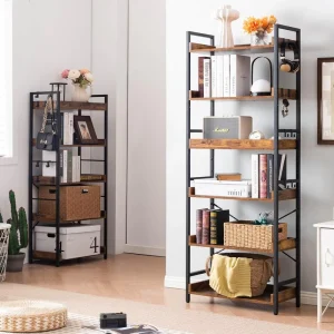 6 Tier Modern Open Bookcase Industrial Wood and Black Metal MDF Bookshelves for Home Office Living Room and Bedroom Made in China