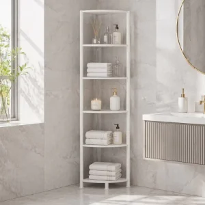 6 Tier Modern Simple Corner Shelf LED Light 67.5″ Tall White Metal Frame Wood Bathroom Corner Shelf Bathroom