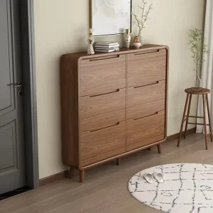 6 Tier Shoe Cabinet Walnut Wood Flip Drawer Shoe Storage Rack Round Edge Handleless Entryway Furniture OEM