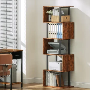 6 Tier Space Saving Modern Wood Metal S Shaped Geometric Bookcase for Hotel Living Room Office Easy Assembly