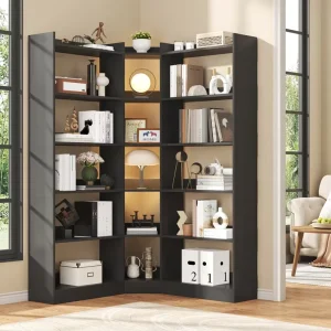 6 Tiers Corner Bookshelf & Bookcase with Baffle 63.1″ Tall Modern L shaped Storage Display Book Shelf Industrial Bookshelves