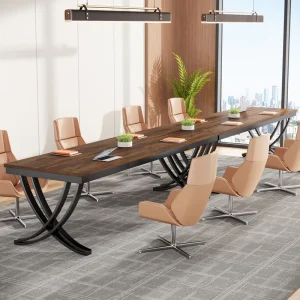 6.5FT 78″ Conference Table for 6-8 Brown Metal Frame Boardroom Desk Office Meeting Room