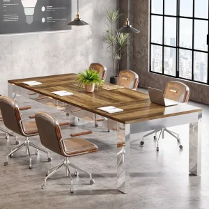 6.5FT Wood Conference Table 78 Inch Large Rectangular Meeting Table Mirrored Metal Legs Modern Design Cable