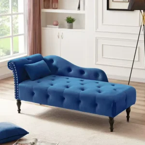 60.6 Inch Velvet Chaise Lounge Tufted Nailhead Trim Solid Wood Legs with Pillow Left Arm Chaise Sofa for Living Room Bedroom