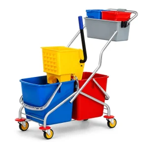 60L Commercial Dual Bucket Mop Wringer Cart with Side Press Wringer and Metal Frame