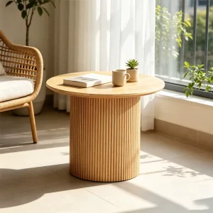60cm Solid Wood Modern Durable Coffee Table Fluted Pedestal Sofa Corner Table Living Room Apartment Small Space