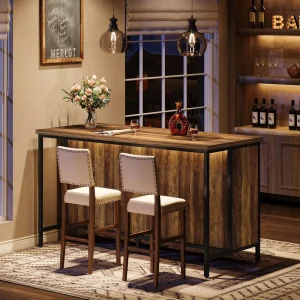 63 Inch Bar Table Industrial Counter Height Pub Table with 2 Tier Storage Shelves Rustic Wooden Bar Cabinet with Metal Frame