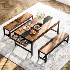63 Inch Wooden Dining Room Furniture Set Factory School Canteen Restaurant Dining Table with 2 Benches